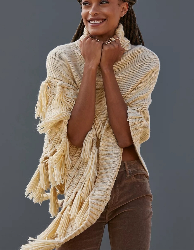 Anthropologie Turtleneck Fringed Poncho- cream - Picture 3 of 10